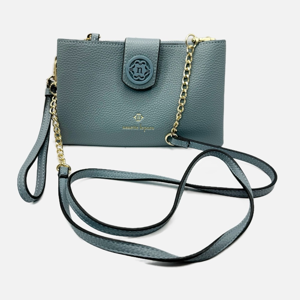 Nanette Lepore blue pebbled vegan leather crossbody chain wristlet purse clutch